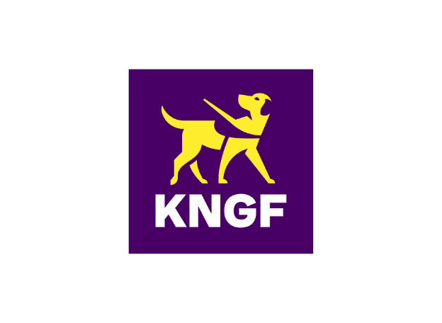 Paars vierkant logo met een gele silhouet van een geleidehond in harnas en daaronder de witte letters “KNGF”.