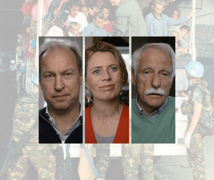 Collage met drie portretten naast elkaar: links een man van middelbare leeftijd, in het midden een vrouw met kort blond haar, en rechts een oudere man met witte snor. Op de vervaagde achtergrond zijn militairen in camouflage-uniform en een groep burgers te zien.