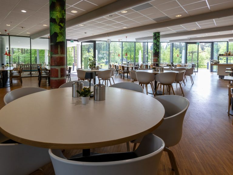 Lichte restaurantruimte met ronde tafels, stoelen en grote ramen met uitzicht op groen.