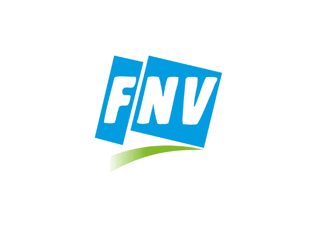 Blauw logo van vakbond FNV met de witte letters ‘FNV’ en een groene boog eronder.