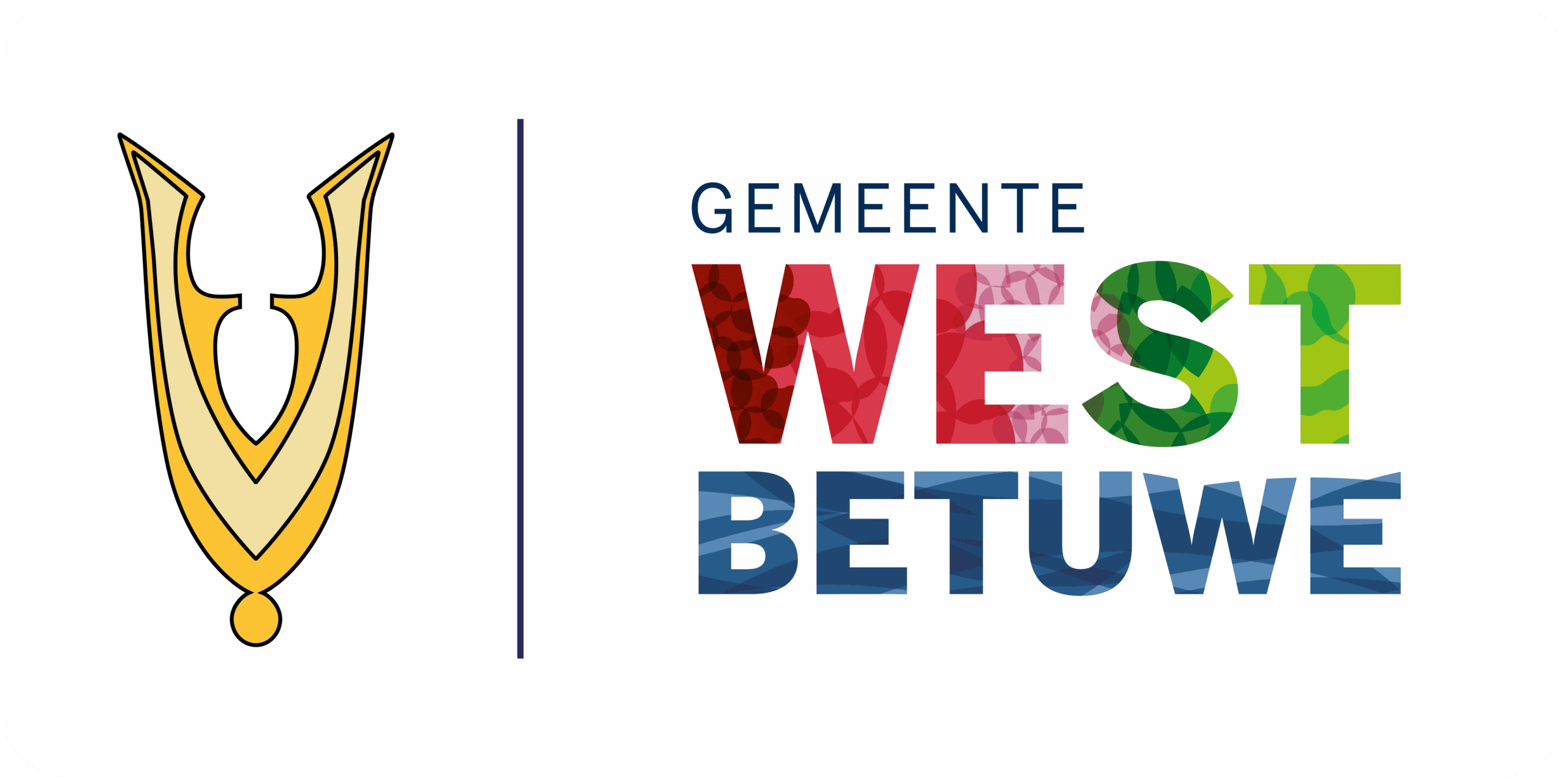 Logo van gemeente West Betuwe met links een goudkleurig beeldmerk, gescheiden door een verticale lijn, en rechts de tekst “Gemeente West Betuwe” in blauw, rood en groen.