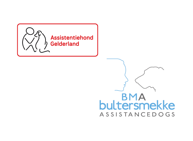Samengestelde afbeelding met twee logo’s van assistentiehondenorganisaties: linksboven het rode logo van “Assistentiehond Gelderland” met een lijntekening van een persoon en hond, rechtsonder het blauw-grijze logo van “BMA Bultersmekke Assistance Dogs” met profielen van een gezicht en hond..