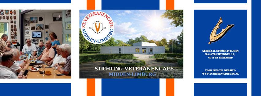 Promotiebanner van Stichting Veteranencafé Midden-Limburg met foto’s van een gezellige bijeenkomst van veteranen en het cafégebouw. De banner vermeldt het adres in Haelen en verwijst naar de website van het Veteranencafé.