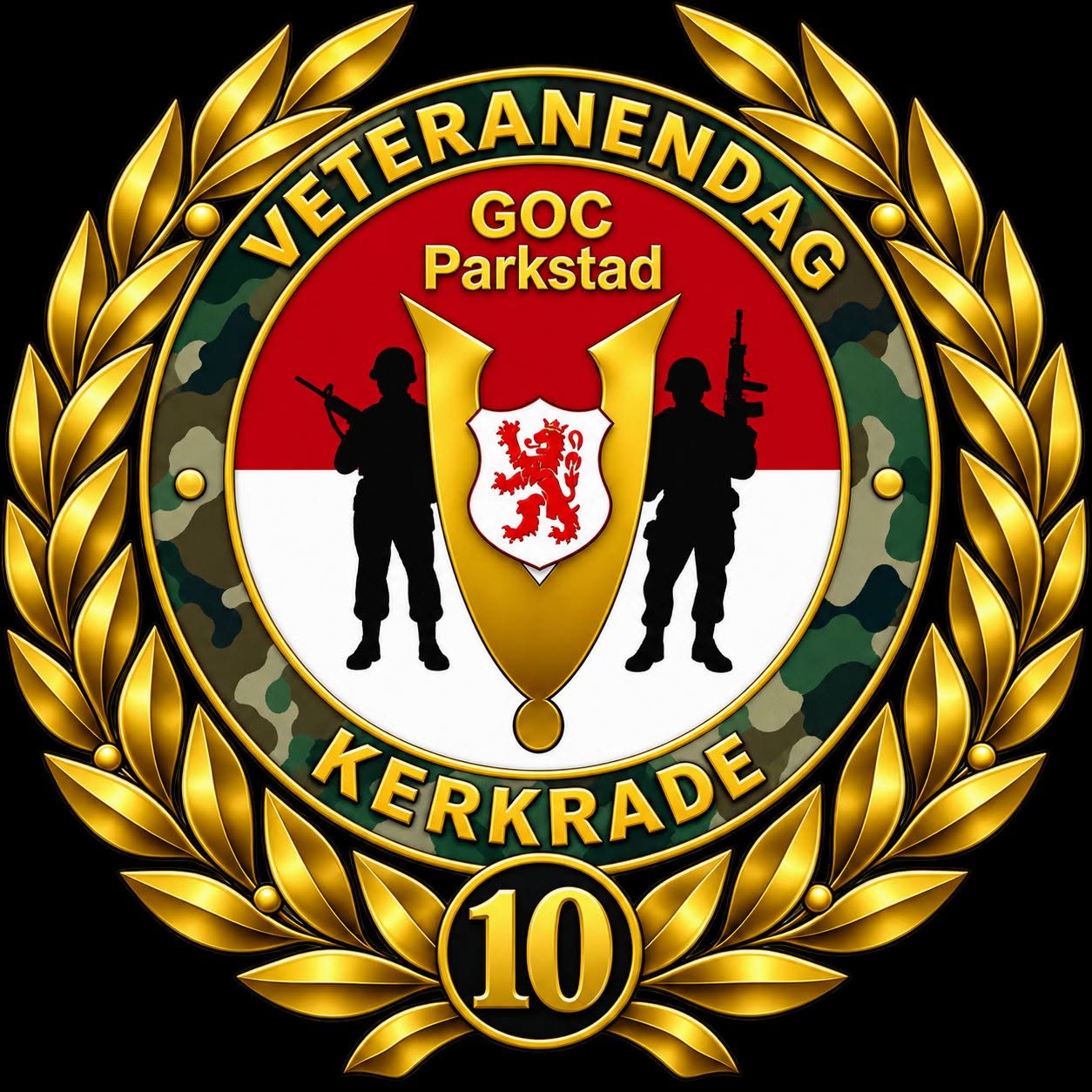 Jubileumlogo van Veteranendag GOC Parkstad Kerkrade. Het ronde embleem toont twee zwarte silhouetten van militairen tegen een rood witte achtergrond, met centraal een goudkleurig symbool en een wapenschild met rode leeuw. Rondom staan camouflagekleuren en gouden lauriertakken, met onderaan het getal 10.