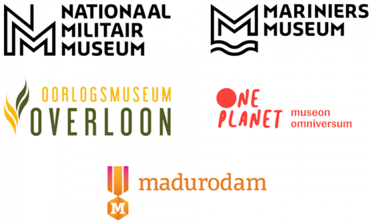 Logo's Nationaal Militair Museum, Mariniers Museum, Oorlogsmuseum Overloon, One Planet museum omniversum, Madurodam
